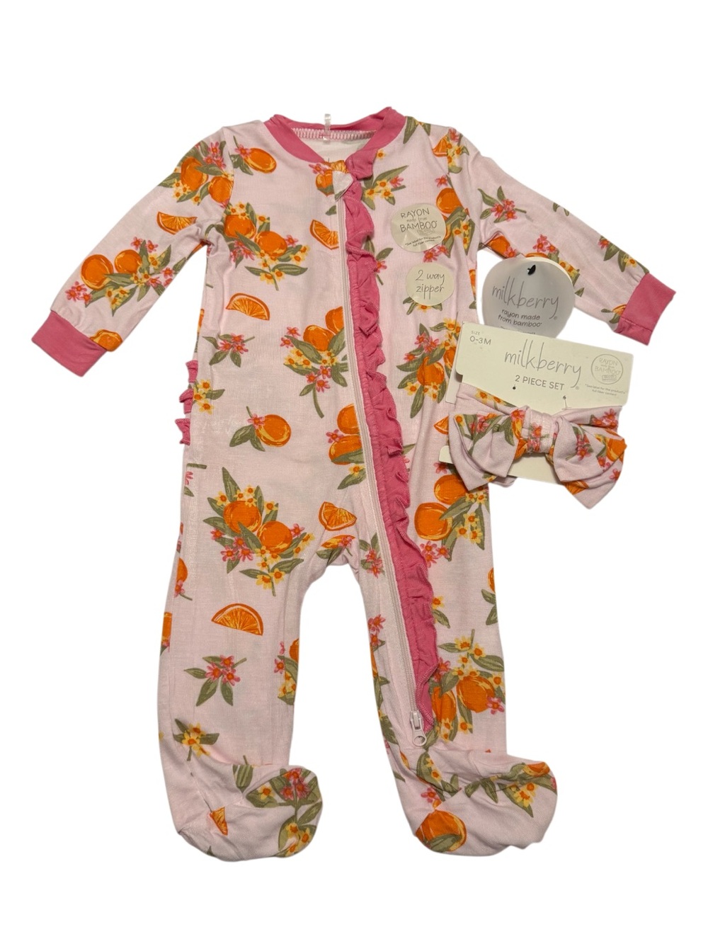 NEW Milkberry Pink & Orange Floral Footed Bamboo One-Piece with Headband